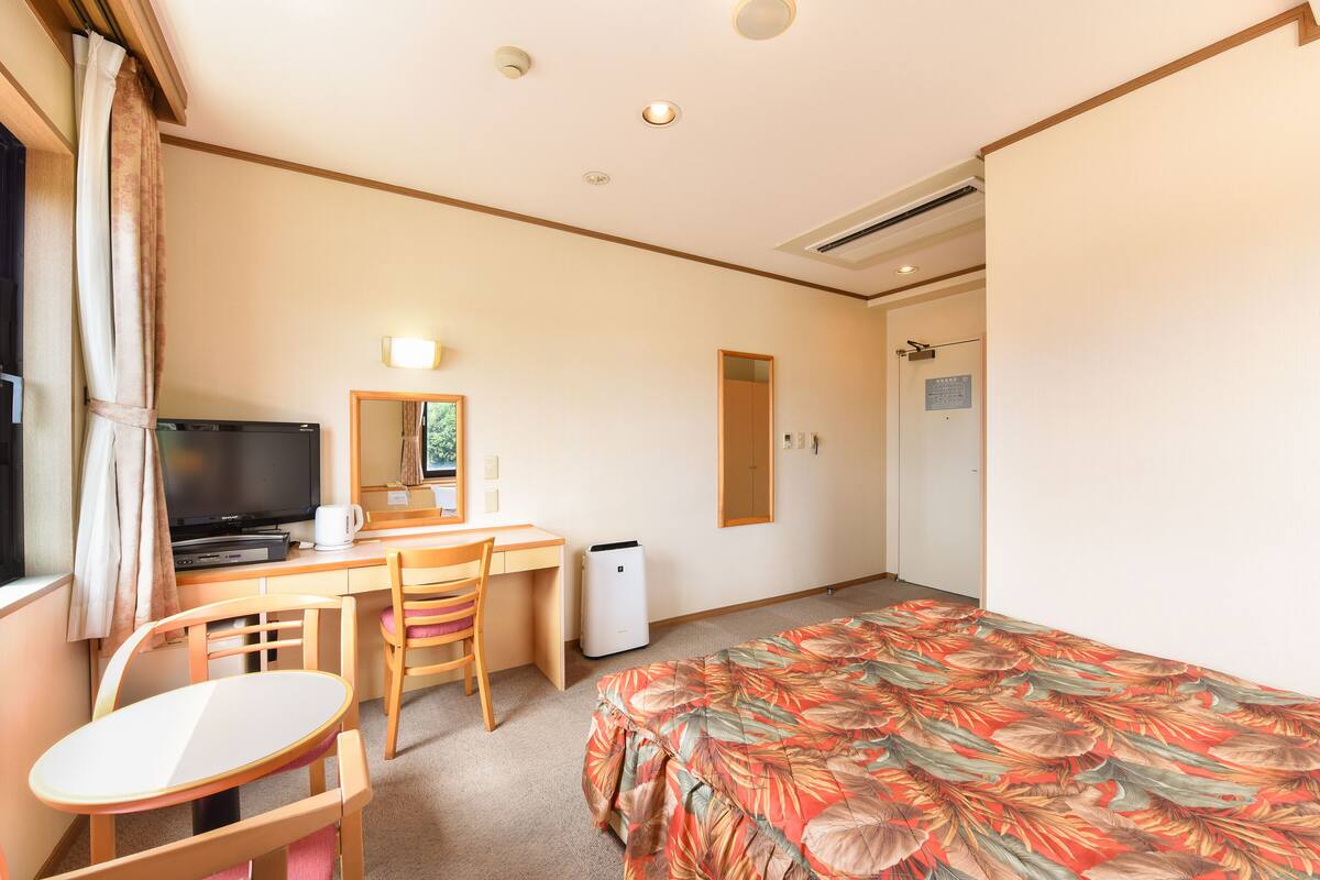 A hotel room with a bed, a desk with a television, a chair, and a small table.