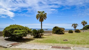 Un área ajardinada con palmeras, un campo cubierto de césped y un sendero de hormigón que conduce a la playa.