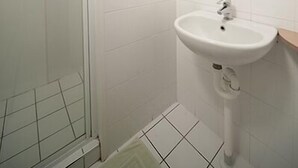 Une salle de bain avec une douche, un lavabo et un miroir.