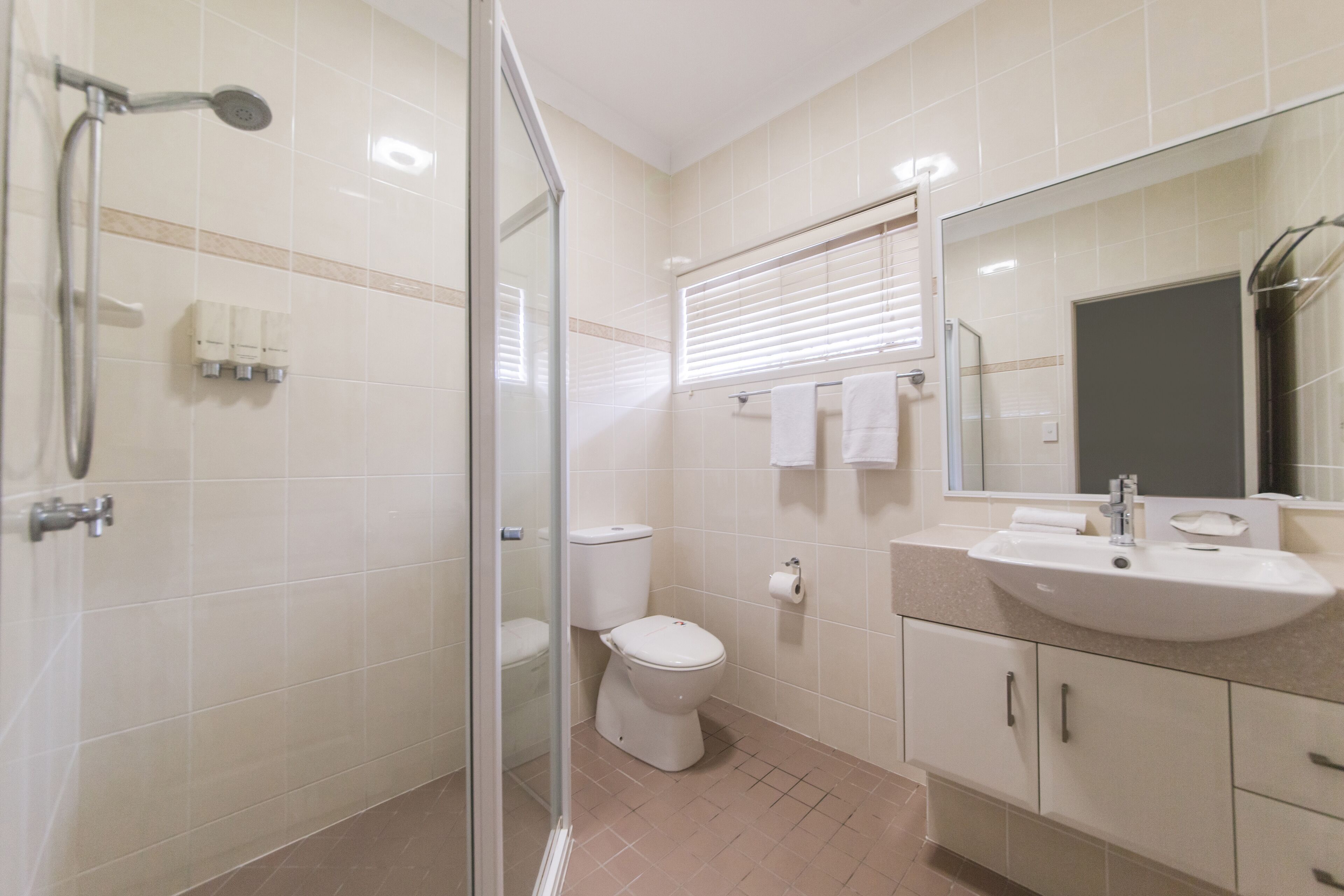 Shower, free toiletries, hair dryer, towels