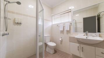Shower, free toiletries, hair dryer, towels