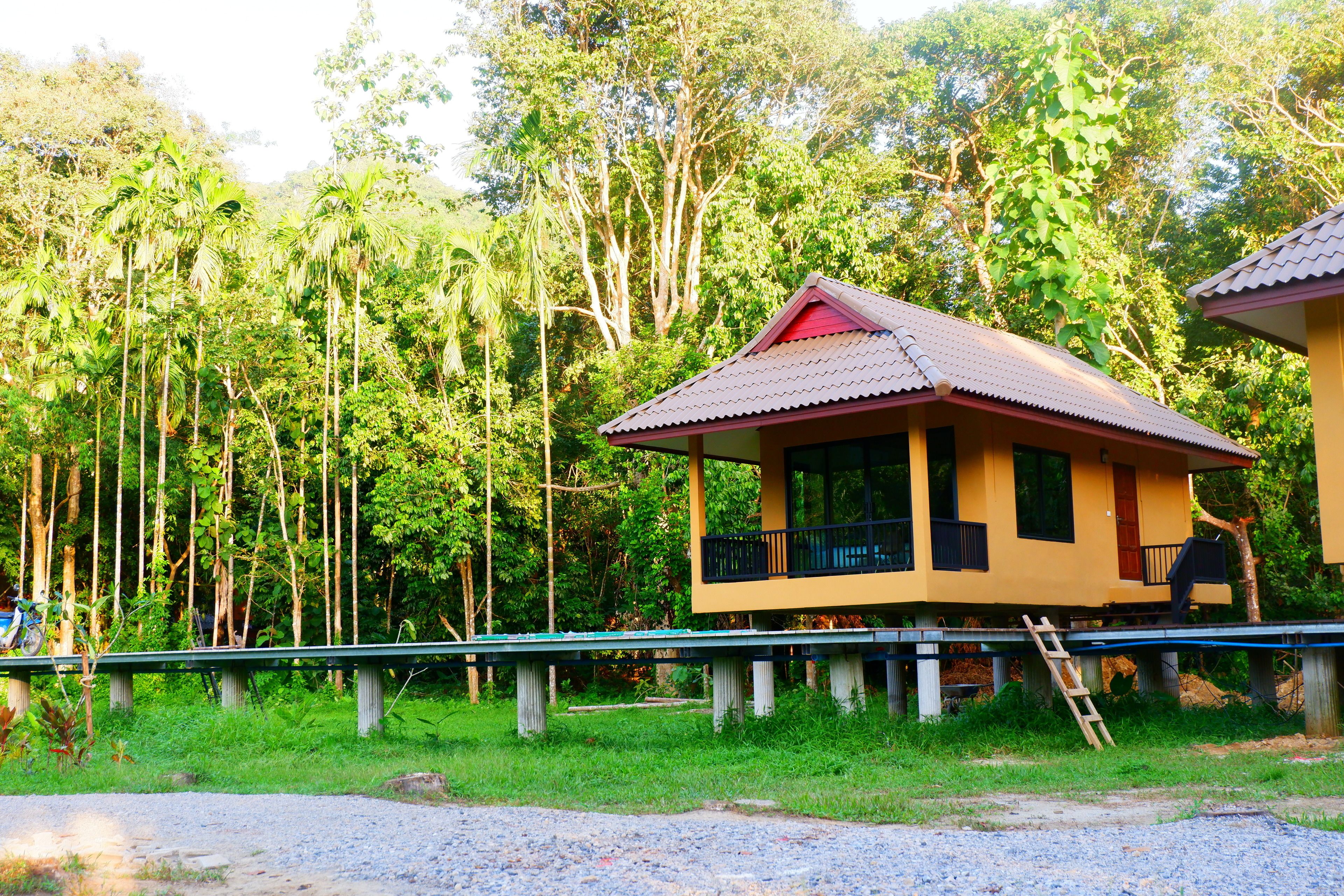 A single-story house with a red roof, supported by concrete stilts, surrounded by lush greenery and tall trees.