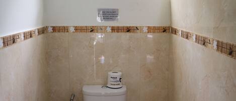 Een kleine badkamer met toilet, raam en douche.