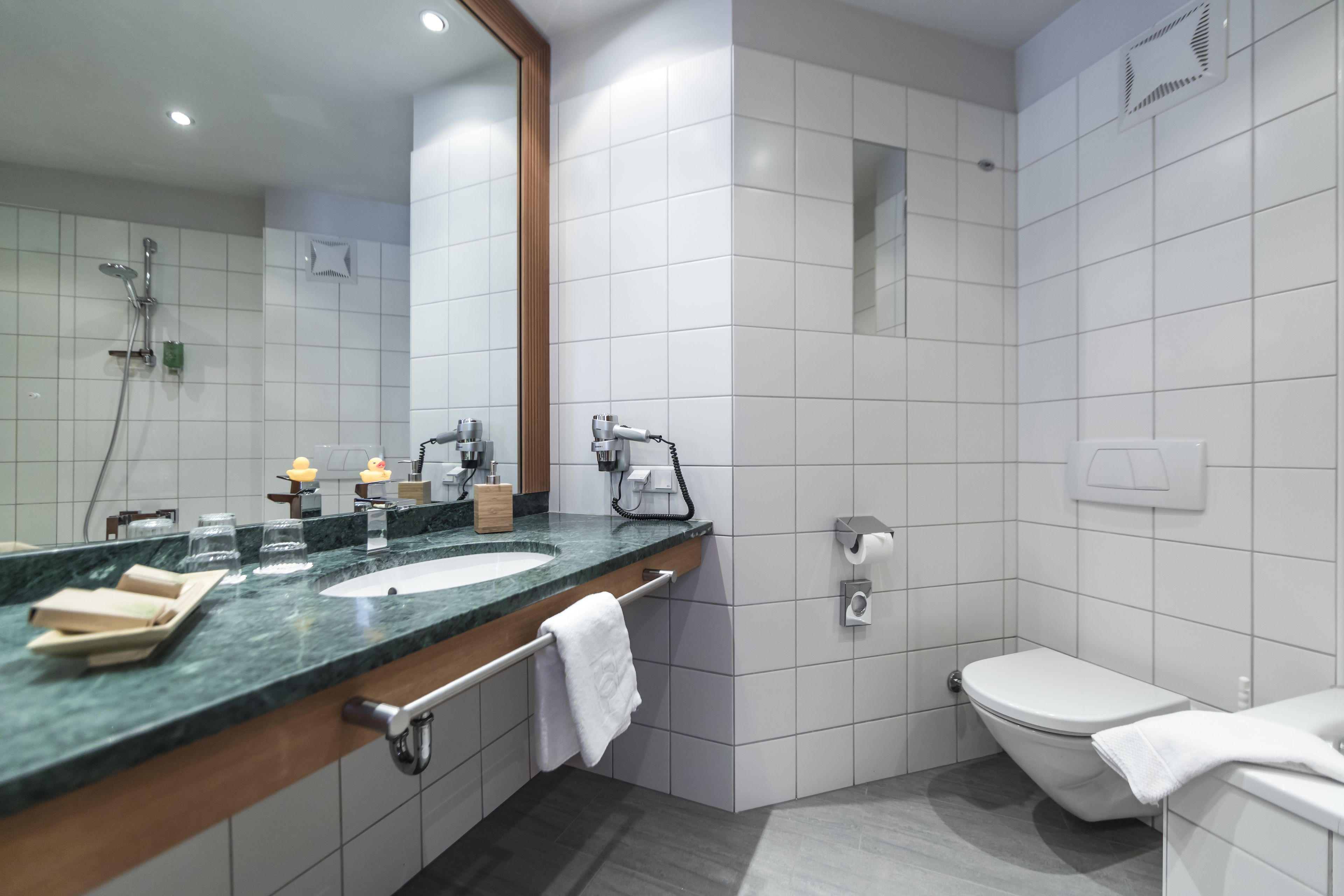 free toiletries, hair dryer, towels