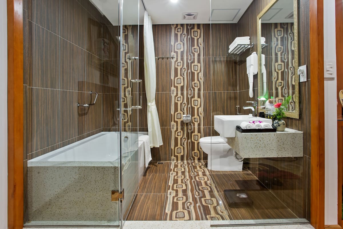 hydromassage showerhead, designer toiletries, hair dryer, bathrobes