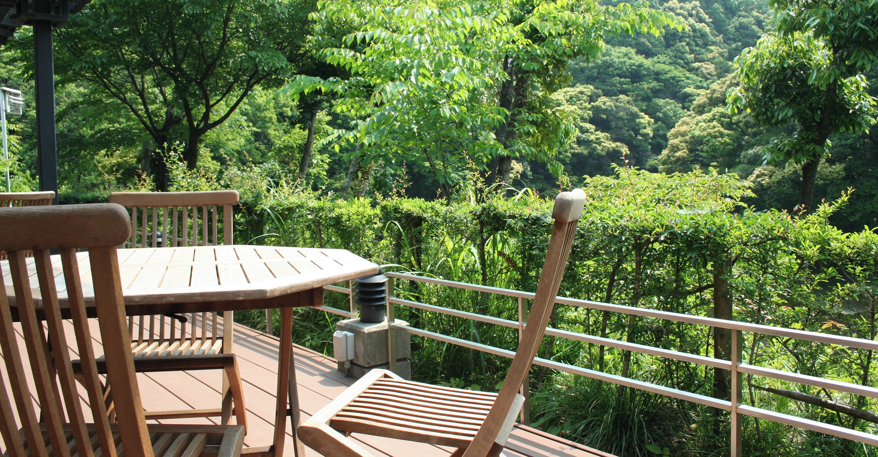 Una terraza de madera con mesa y sillas, con vista a un bosque verde y frondoso.