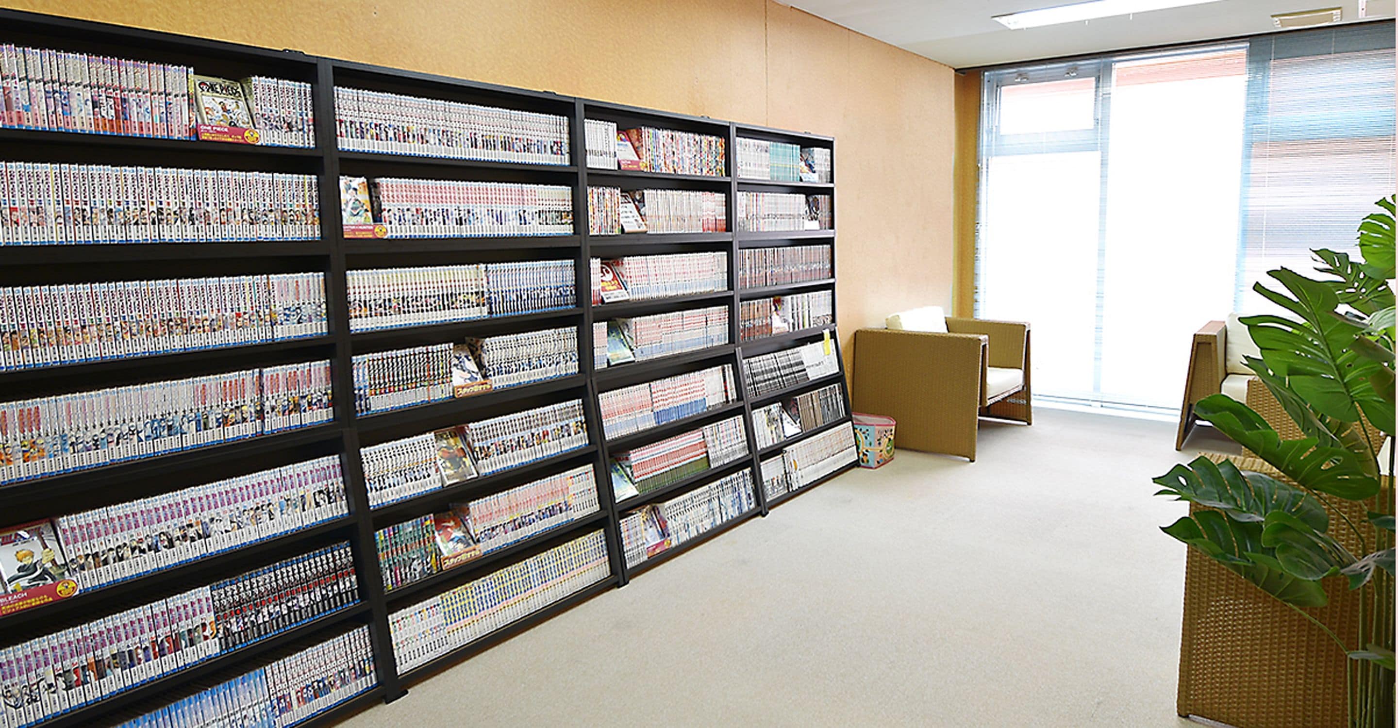A library with bookshelves filled with books, a wicker chair, and a large plant.