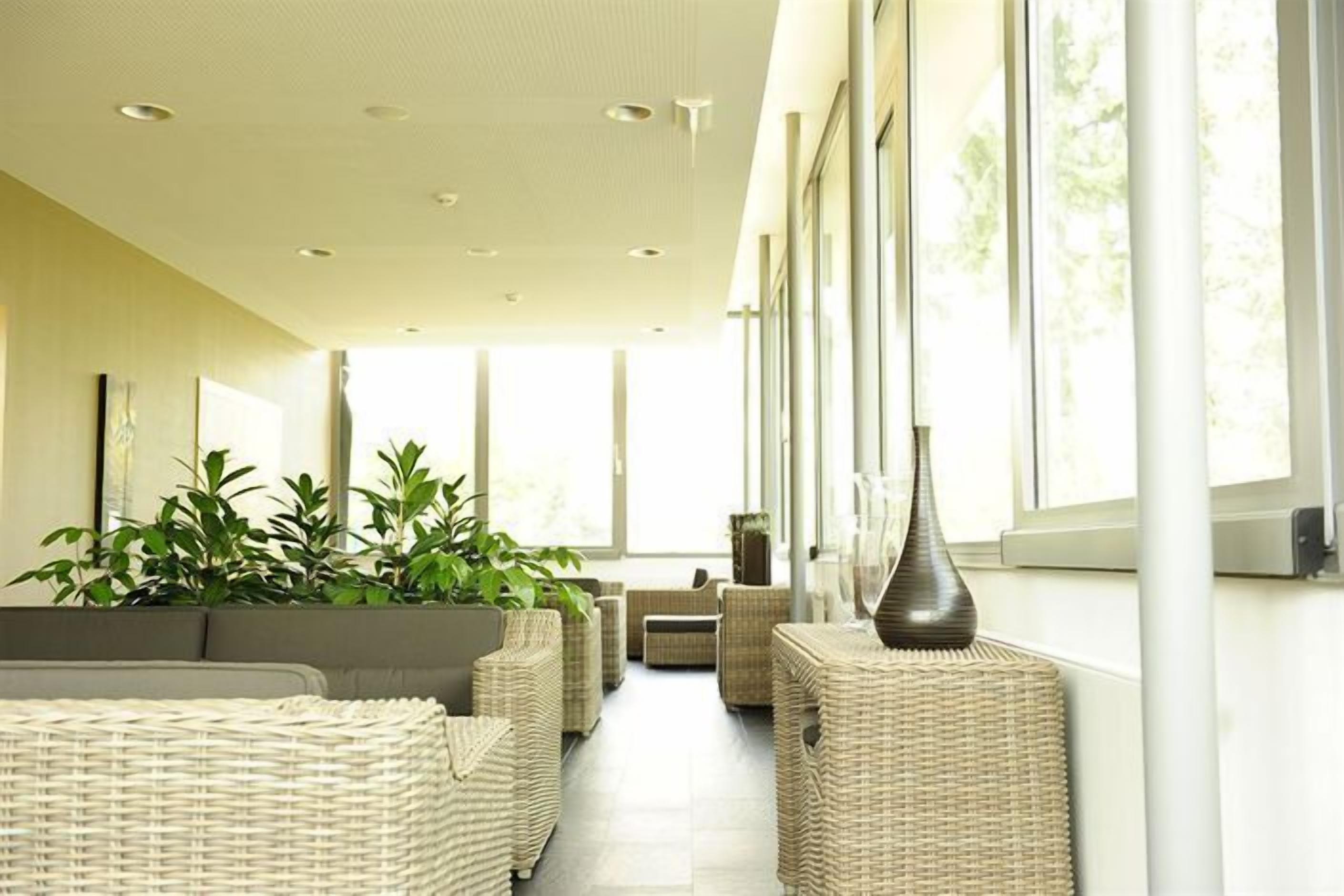 A modern interior with wicker furniture, large windows, and a plant.