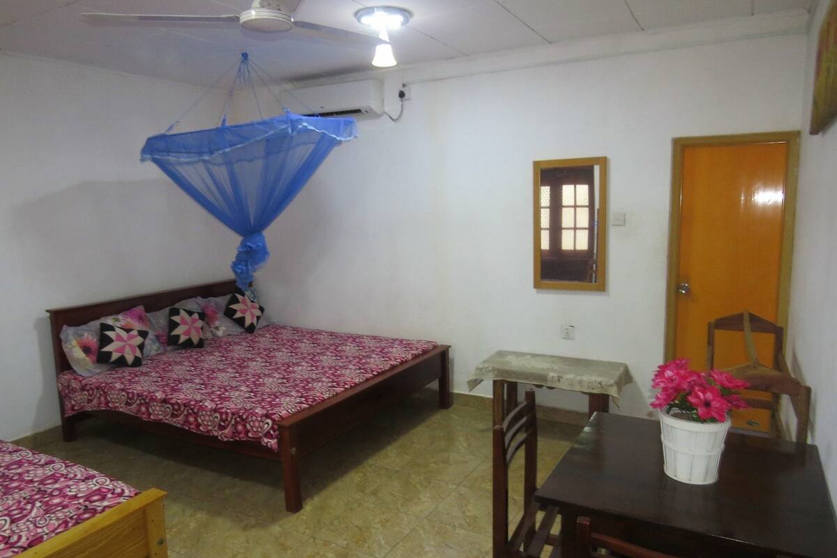 A bedroom with a bed, a small table, a chair, and a mosquito net.