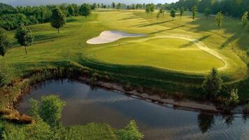A golf course with a pond, trees, and a clear sky.