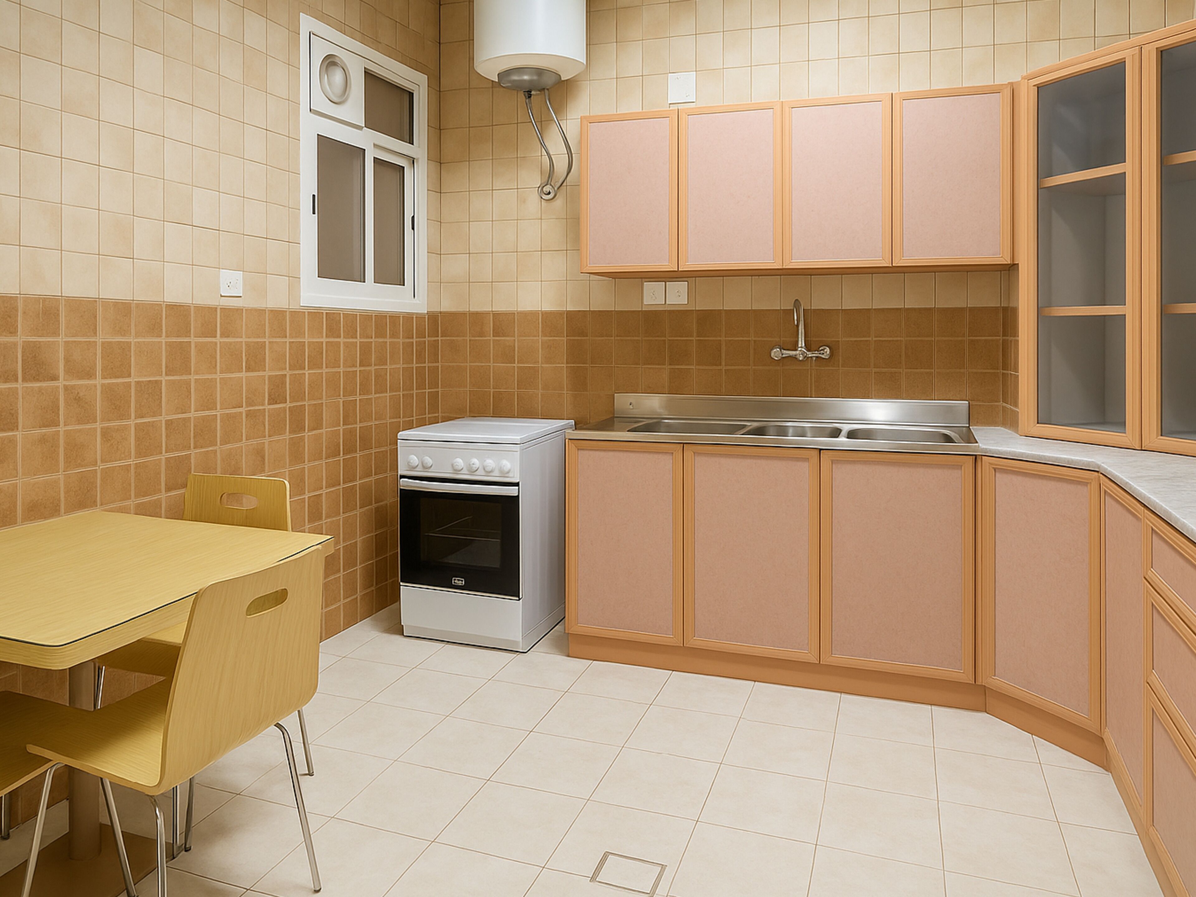 Una cocina compacta con estufa, lavabo y armarios de madera.