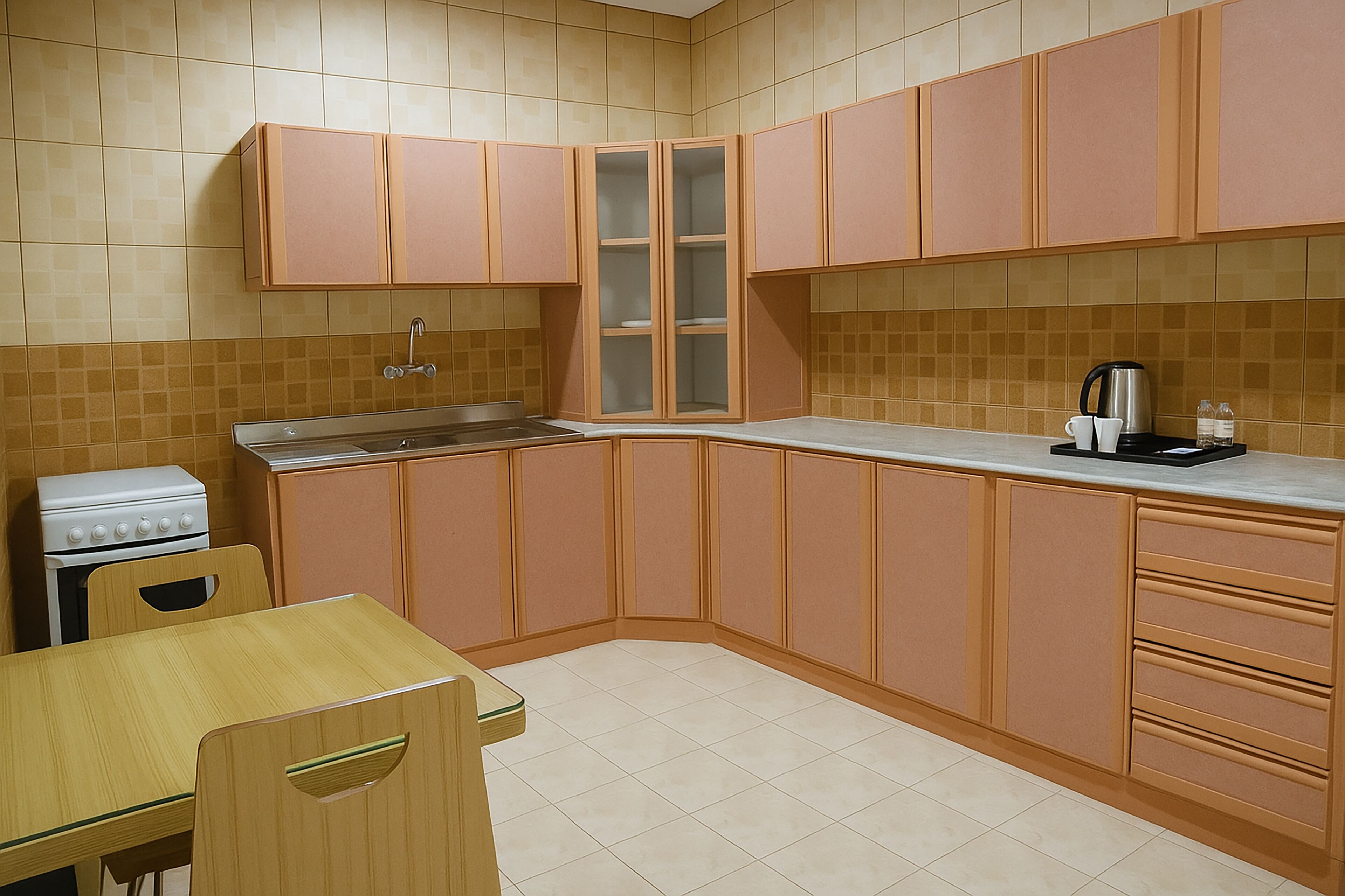 Una cocina con armarios de madera, una estufa blanca y una encimera con una cafetera y botellas de agua.