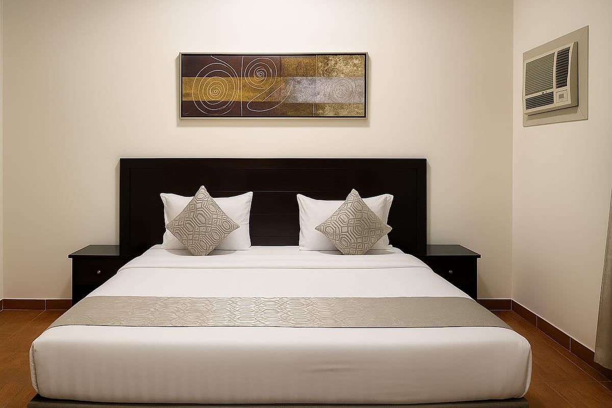 1 bedroom, laptop workspace, blackout curtains, soundproofing