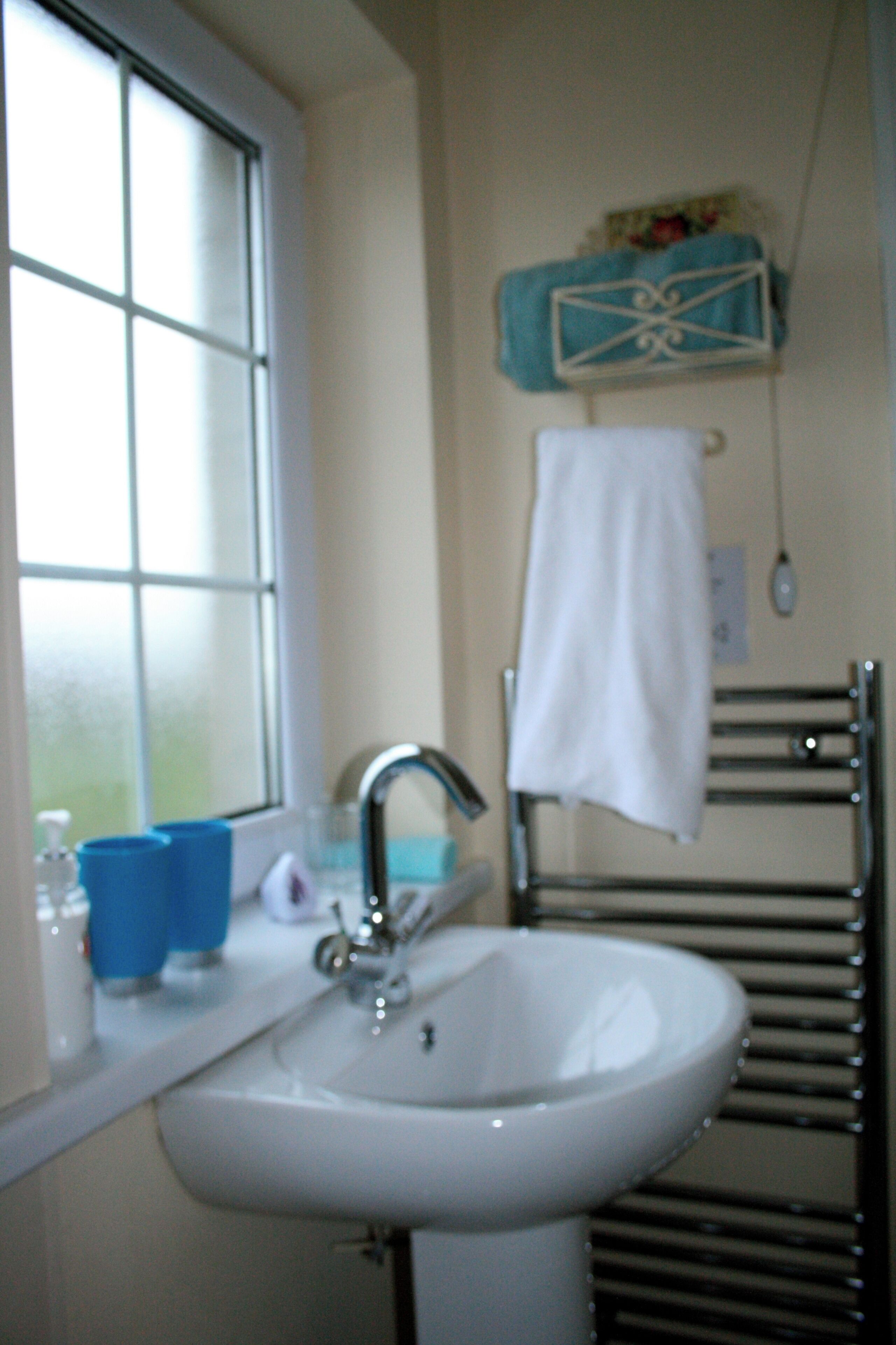 A bathroom with a white sink, a window, and a towel rack.