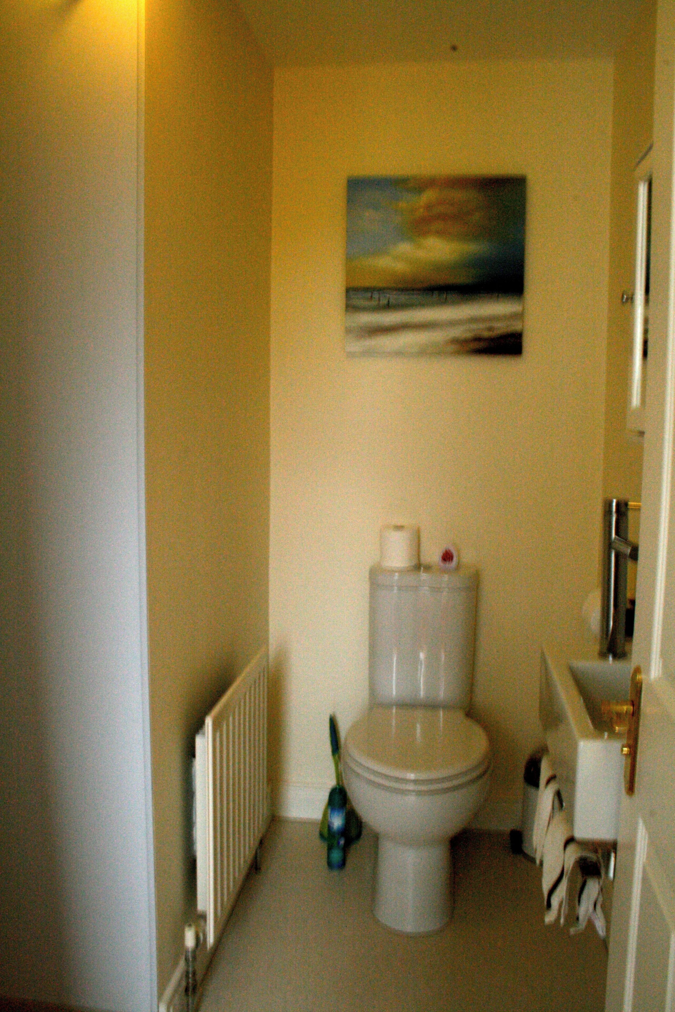 A small bathroom with a toilet, a radiator, and a painting on the wall.