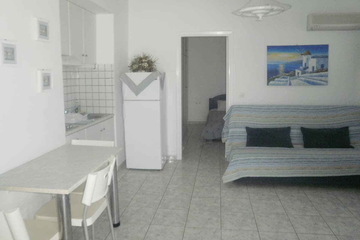 A compact living space with a kitchenette, a dining area, and a sofa.