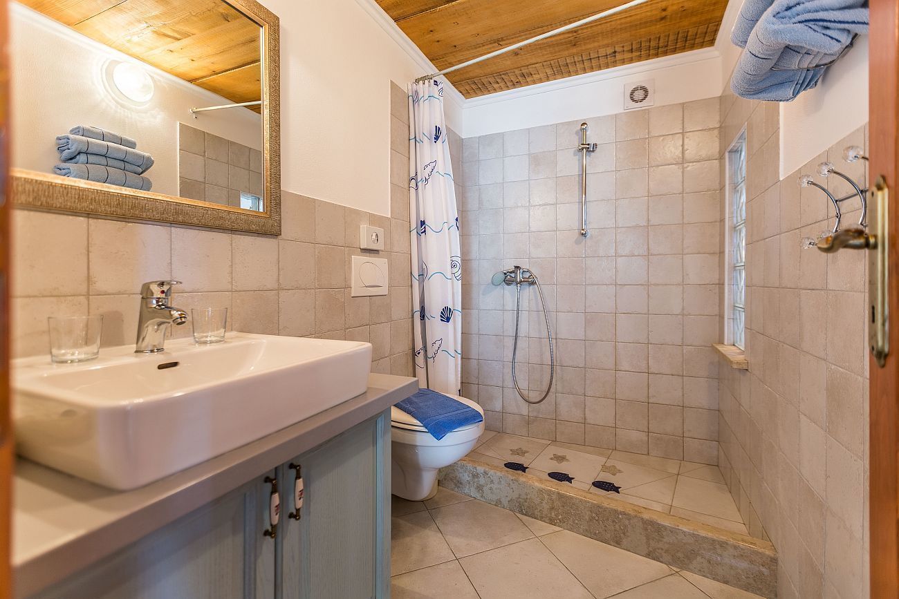 A bathroom with a white sink, a toilet, and a shower area.