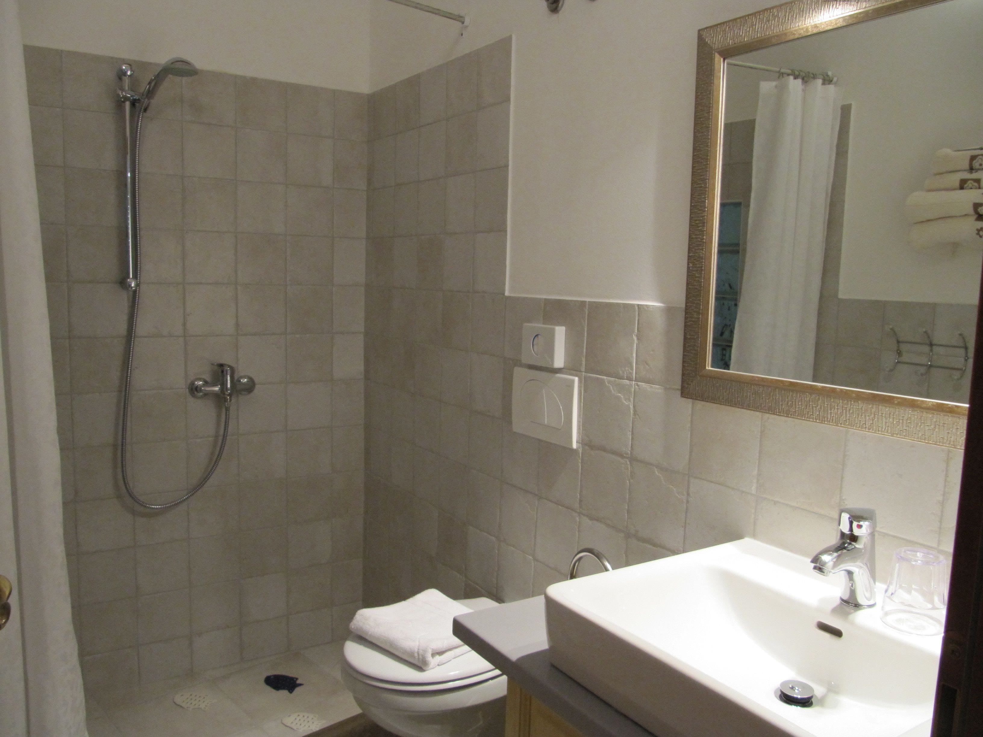 Een badkamer met douche, toilet, wastafel en spiegel.