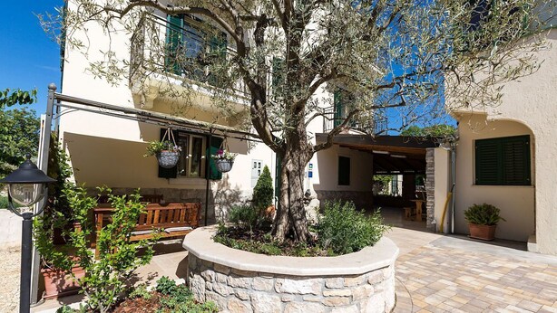 A courtyard with a stone planter, a tree, and a building with a balcony. - Apartments Casa Saina (Rovinj)
