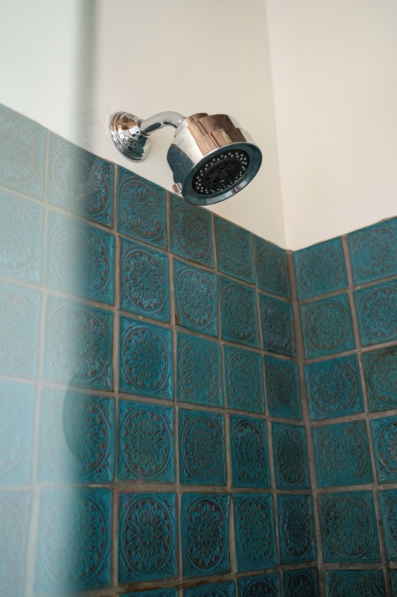 Ein Eckbereich eines Badezimmers mit einer an der Wand befestigten Duschbrause und blauen Fliesen.