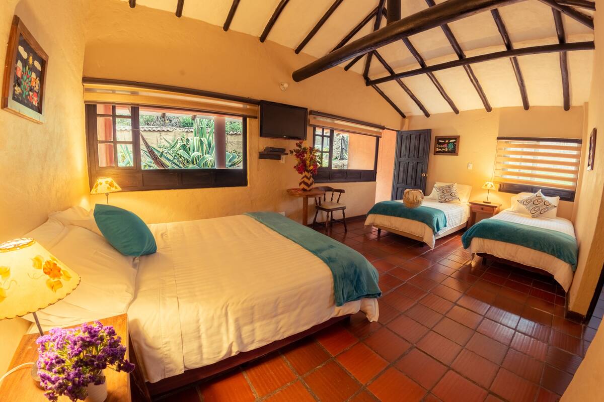 Habitación de hotel con dos camas, televisión, ventana con vista a follaje y suelo de baldosas.