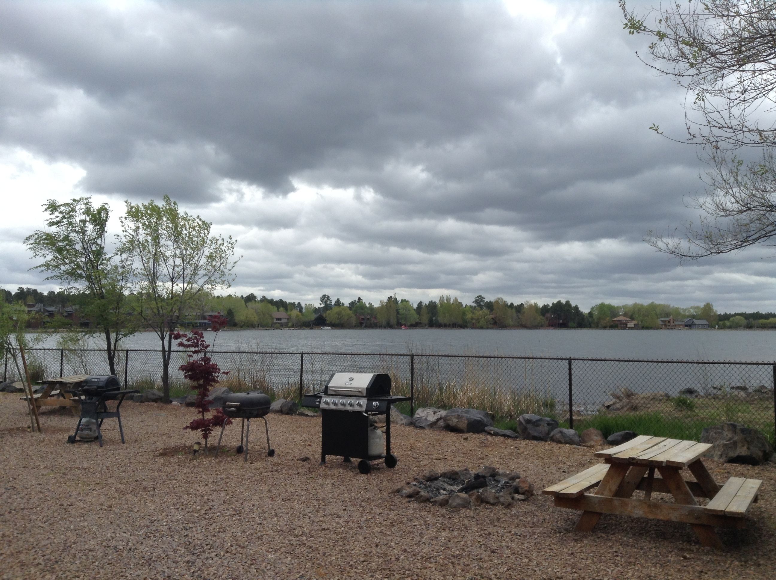 Un espacio al aire libre junto al lago con una parrilla, un hogar para fogata y una mesa de picnic.