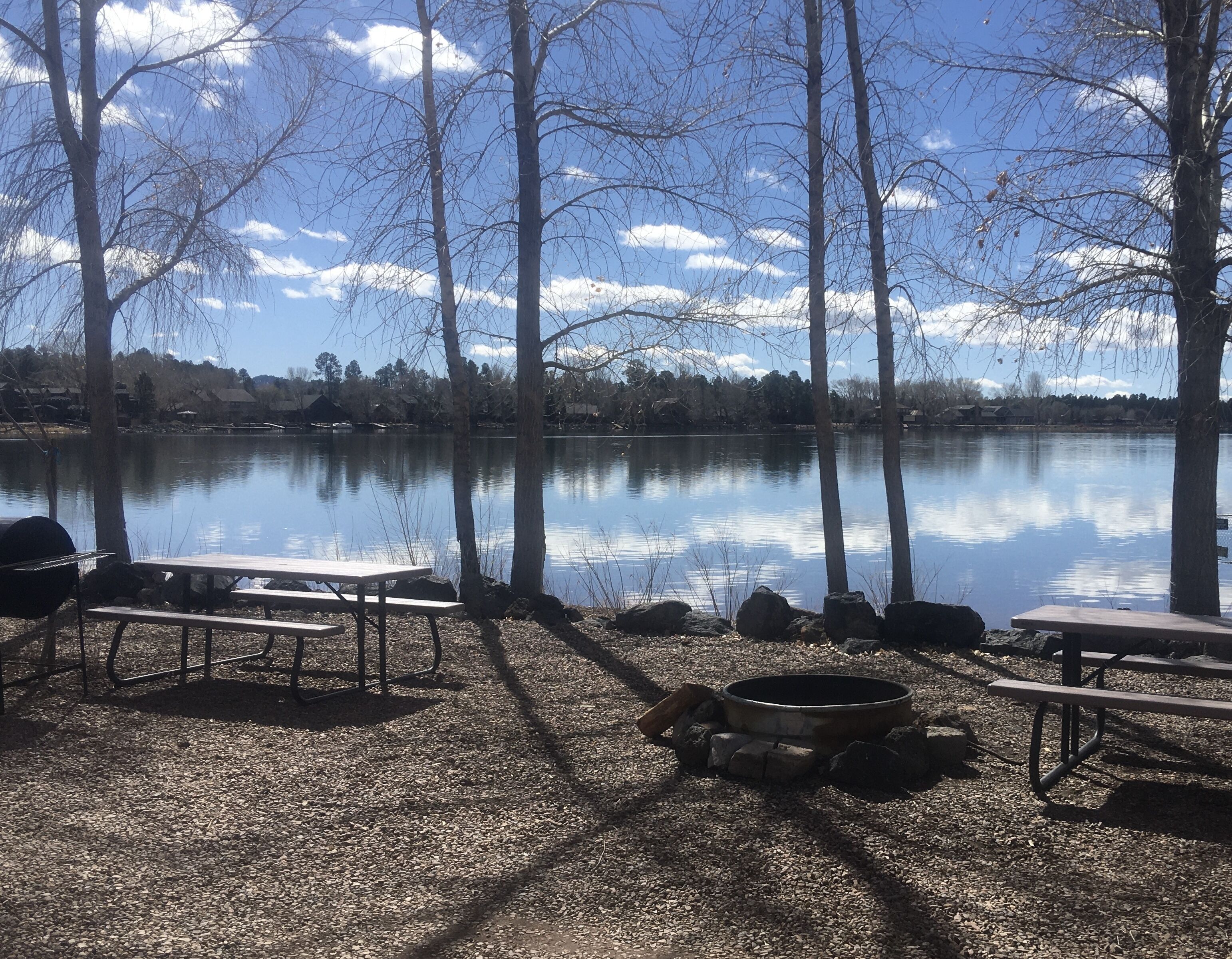 A lakeside picnic area with tables and a fire pit, surrounded by trees and a calm lake.