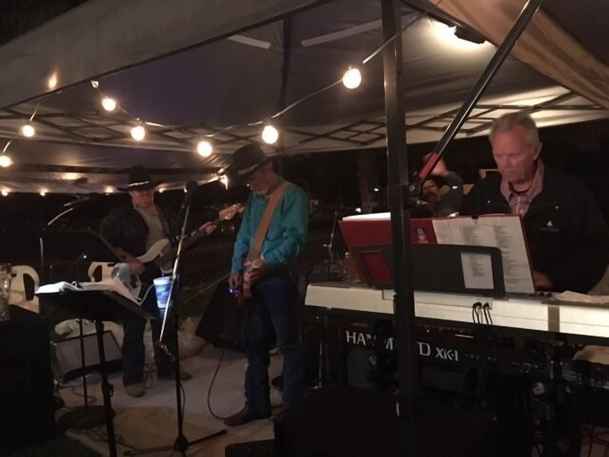 A band performing under a tent with string lights.