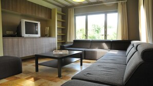 A modern living room with a sofa, a coffee table, and a television on a wooden shelf. - Holiday Home in Marche-en-Famenne near Train (Marloie)