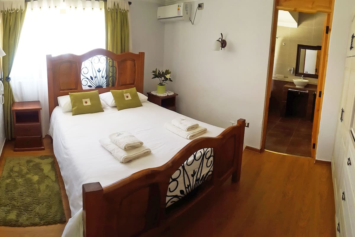 A neatly made bed with pillows, a bedside table, a small plant, and a mirror on the wall.