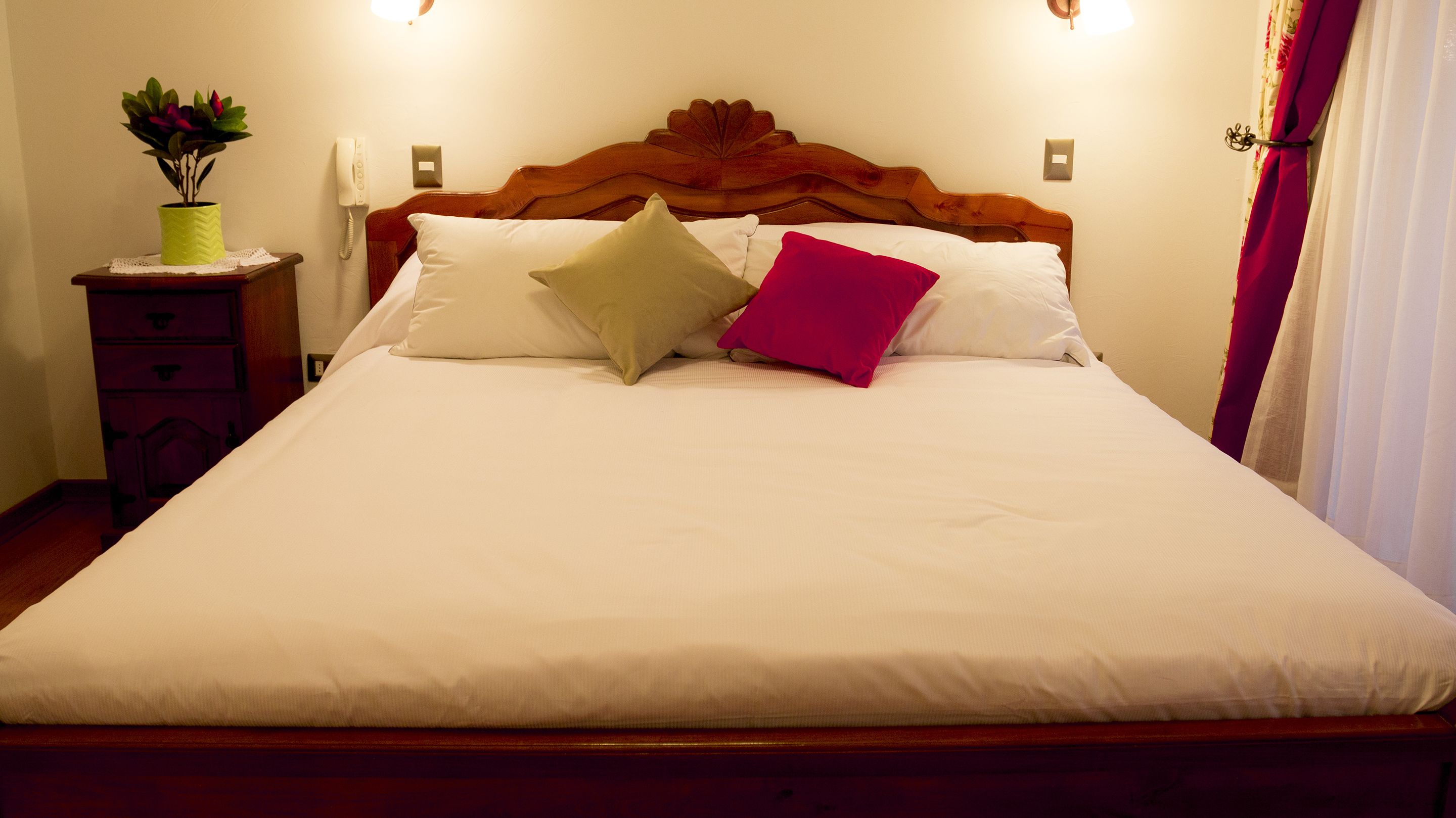 A neatly made bed with white bedding and two pillows, a wooden headboard, a bedside table with a lamp, and a potted plant.