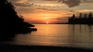 A sunset over a calm body of water with a silhouette of trees and a rocky shoreline. - The Francis Boutique Inn (Ucluelet)