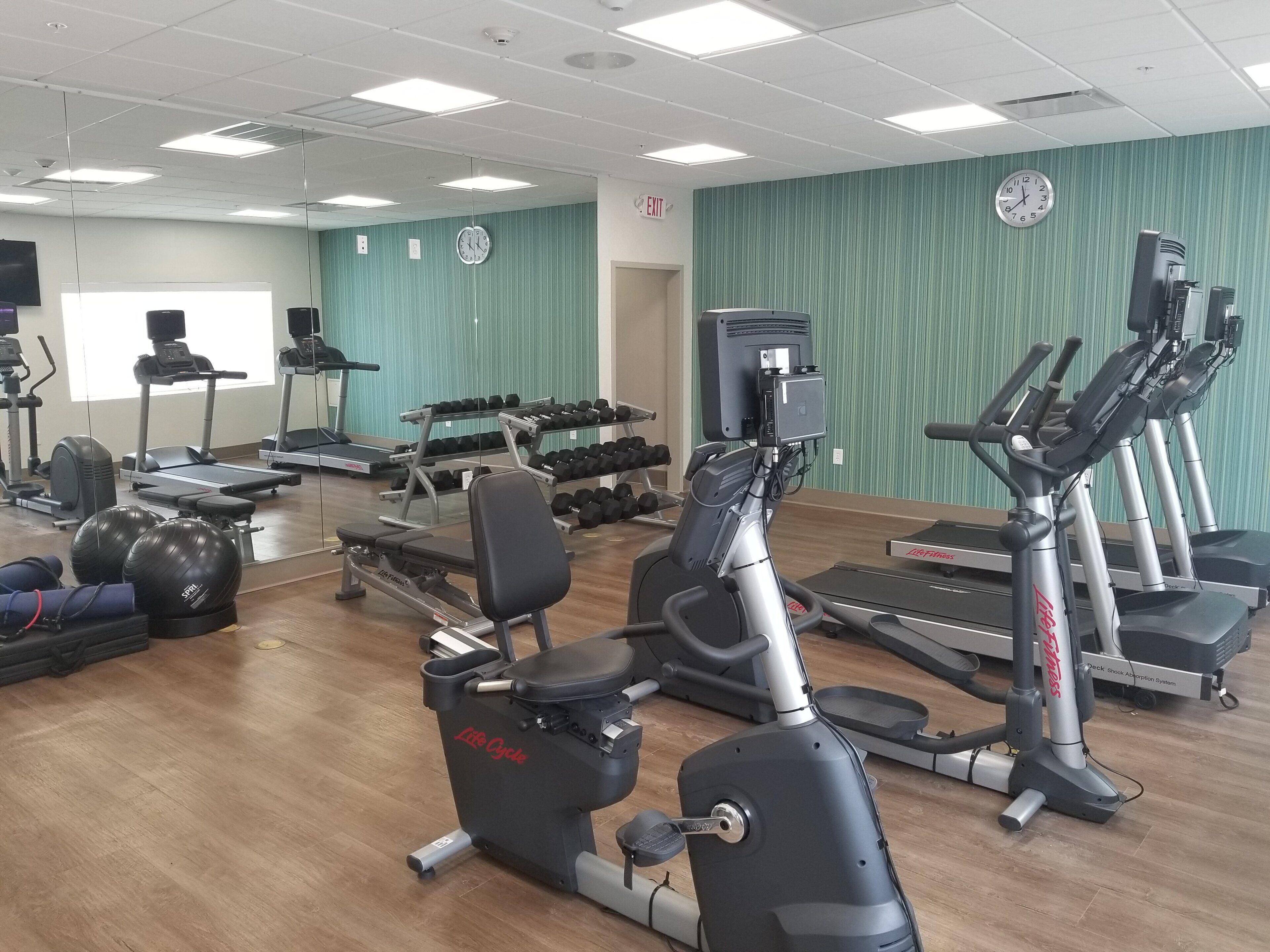 Une salle de sport équipée de machines de cardio, de bancs de musculation et d’haltères.