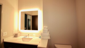 A bathroom with a sink, mirror, and toilet. - Holiday Inn Express & Suites Kirksville - University Area by IHG (Kirksville)