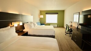 A hotel room with two beds, a desk, a chair, a TV, and a window with blinds. - Holiday Inn Express & Suites Kirksville - University Area by IHG (Kirksville)