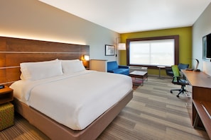 Habitación de hotel con una cama grande, un escritorio, una silla, un sofá y una ventana con vistas.