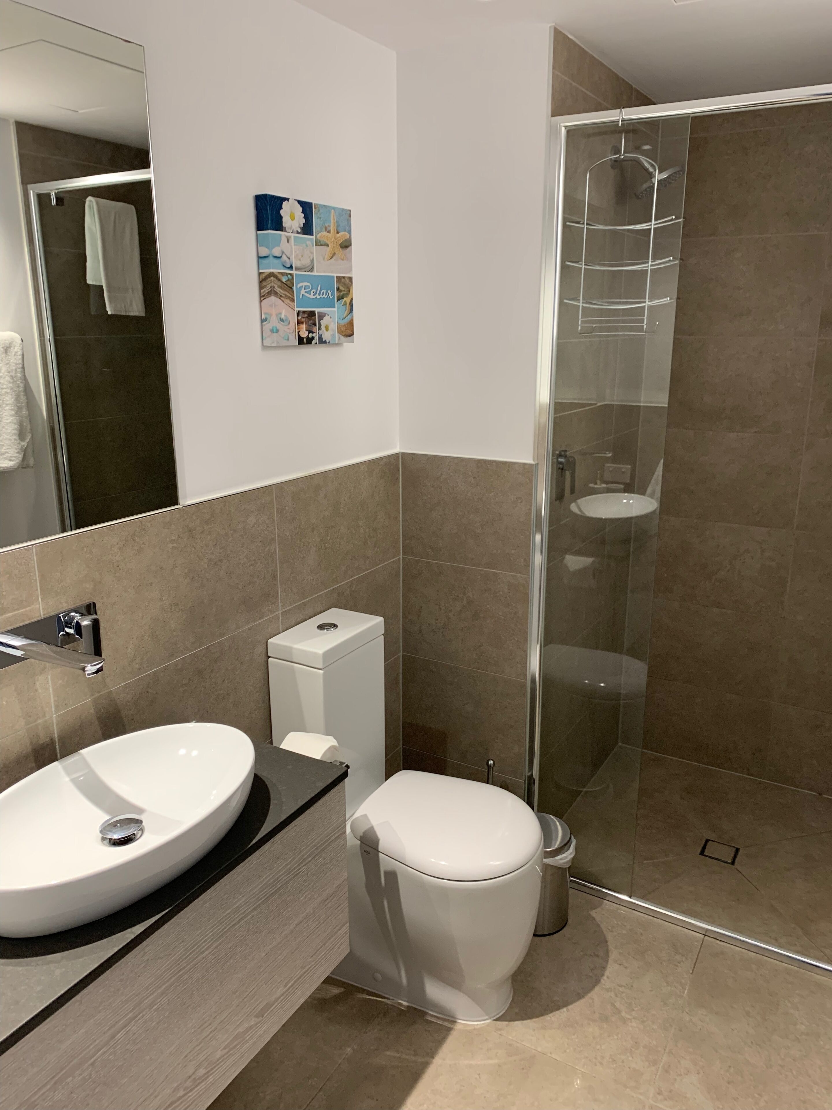 Un baño moderno con ducha de vidrio, un lavamanos blanco y un inodoro.