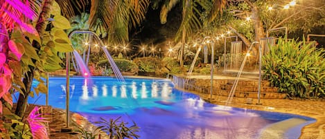Outdoor pool, open 8:00 AM to 9:00 PM, free cabanas