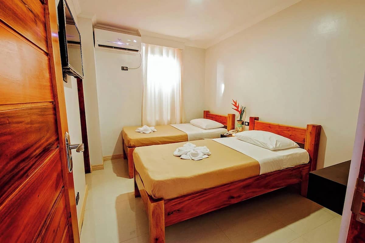 Habitación de hotel con dos camas individuales, un armario de madera, un equipo de aire acondicionado y una pequeña mesa con un florero.