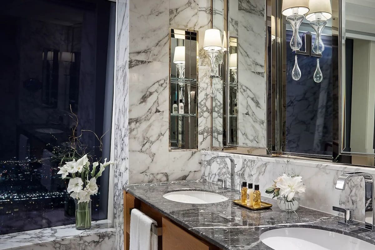 presidential suite | bathroom | separate bathtub and shower, deep-soaking bathtub, designer toiletries