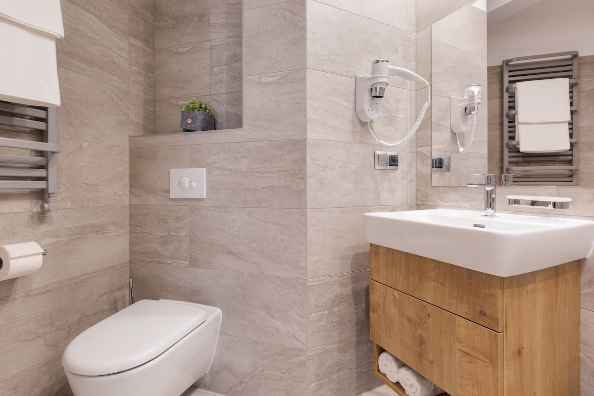 shower, free toiletries, hair dryer, towels