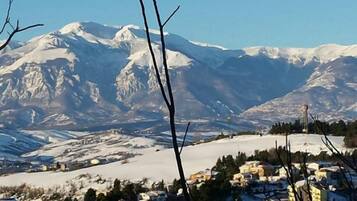 Paisaje montañoso con picos nevados y un pequeño pueblo con casas y edificios.