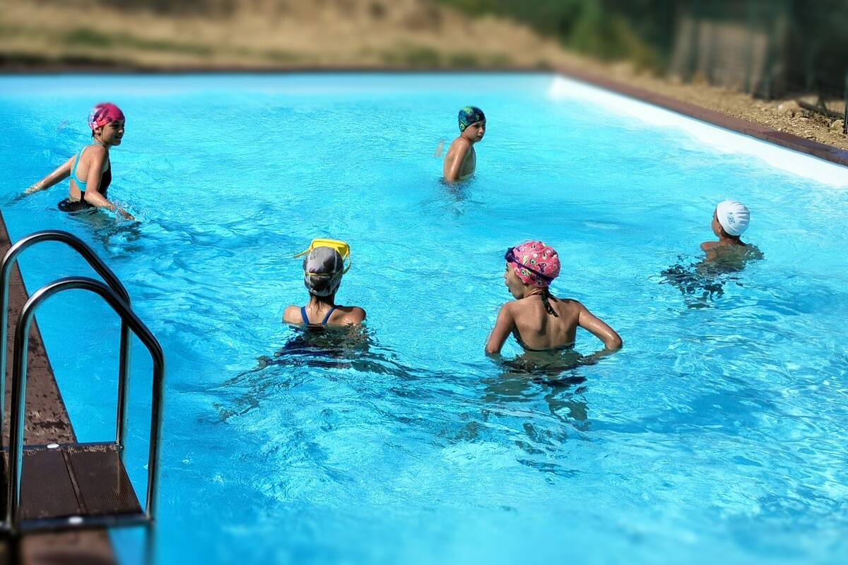 Una piscina con agua azul cristalina, rodeada de árboles y una terraza de madera.