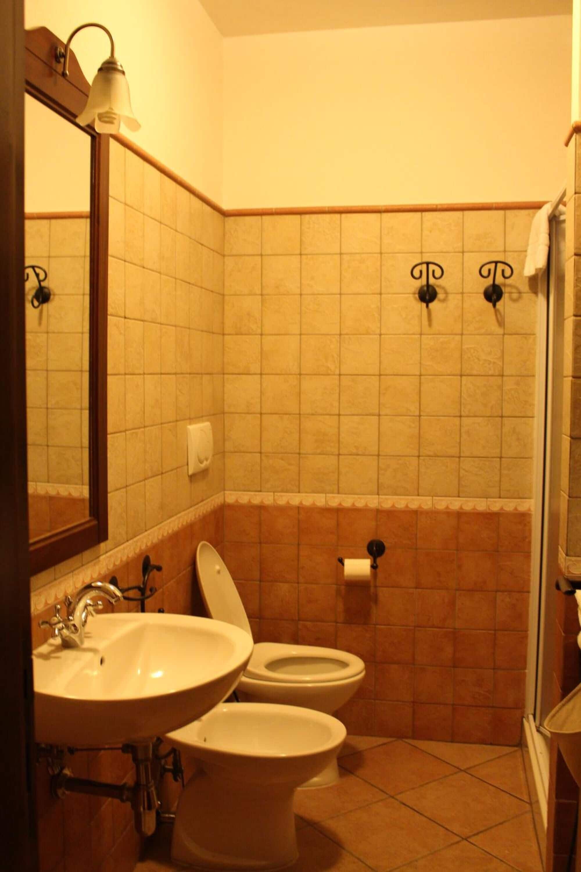 A bathroom with a sink, two toilets, a mirror, and a shower.