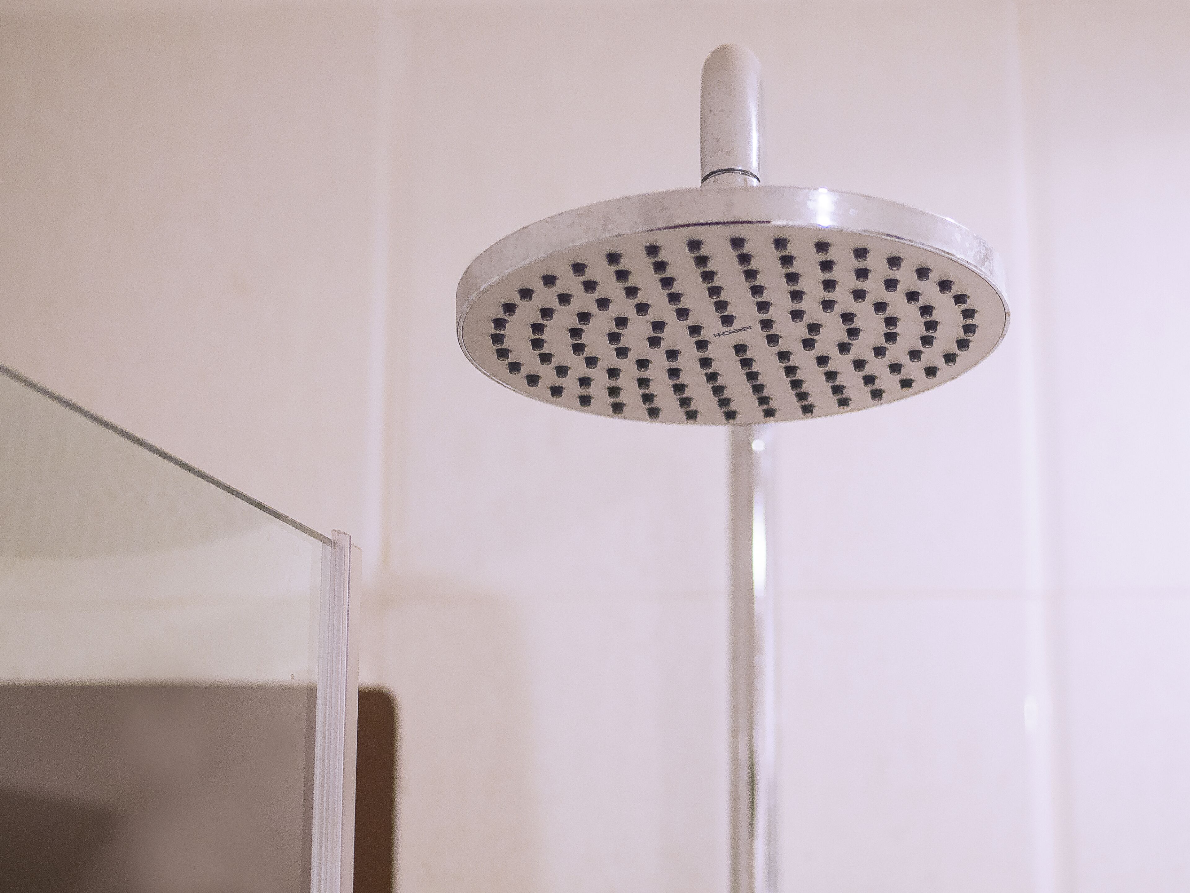 Un pommeau de douche au design circulaire et doté d’un bec central.