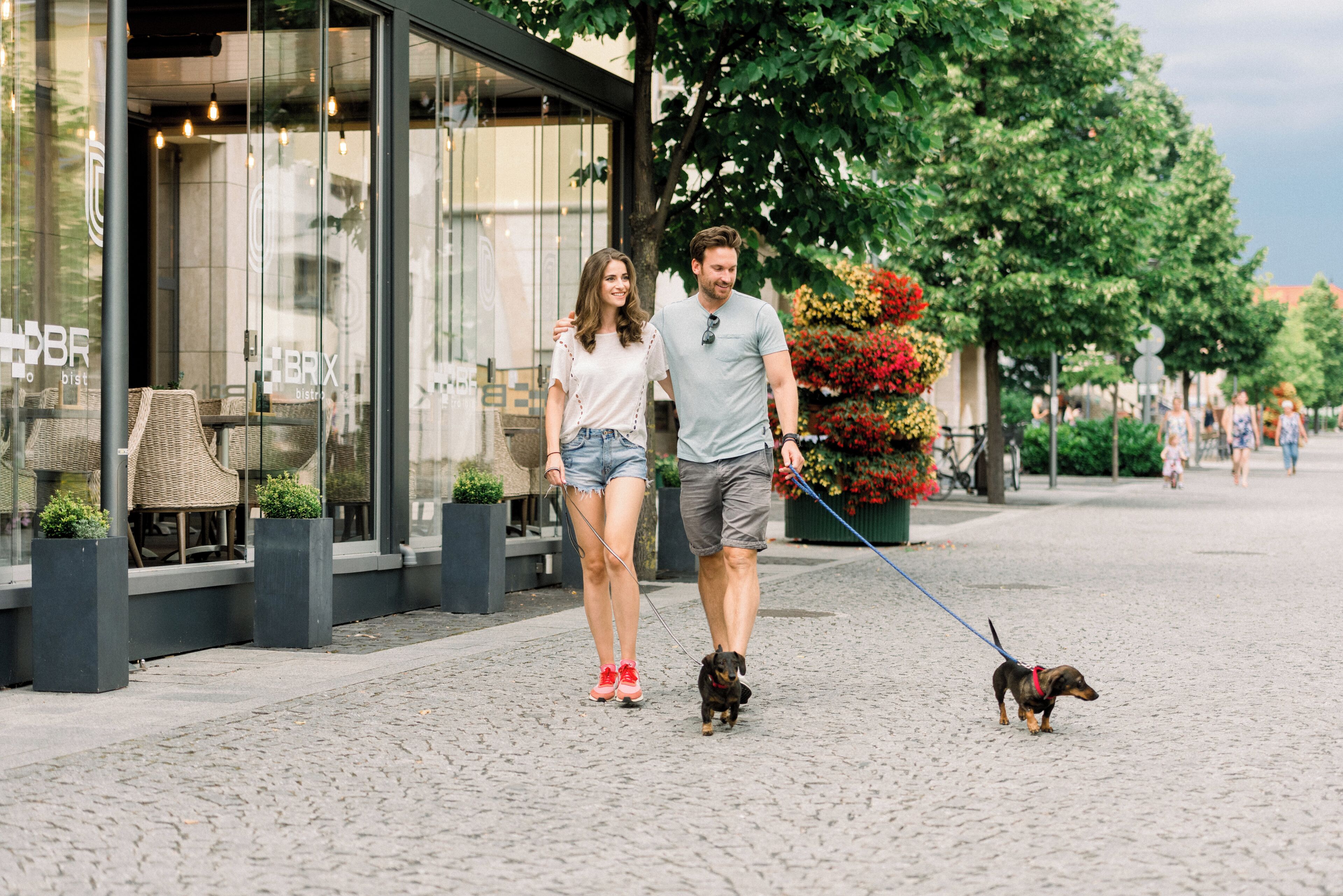 A couple walking their dogs on a cobblestone street with outdoor seating and a restaurant in the background.