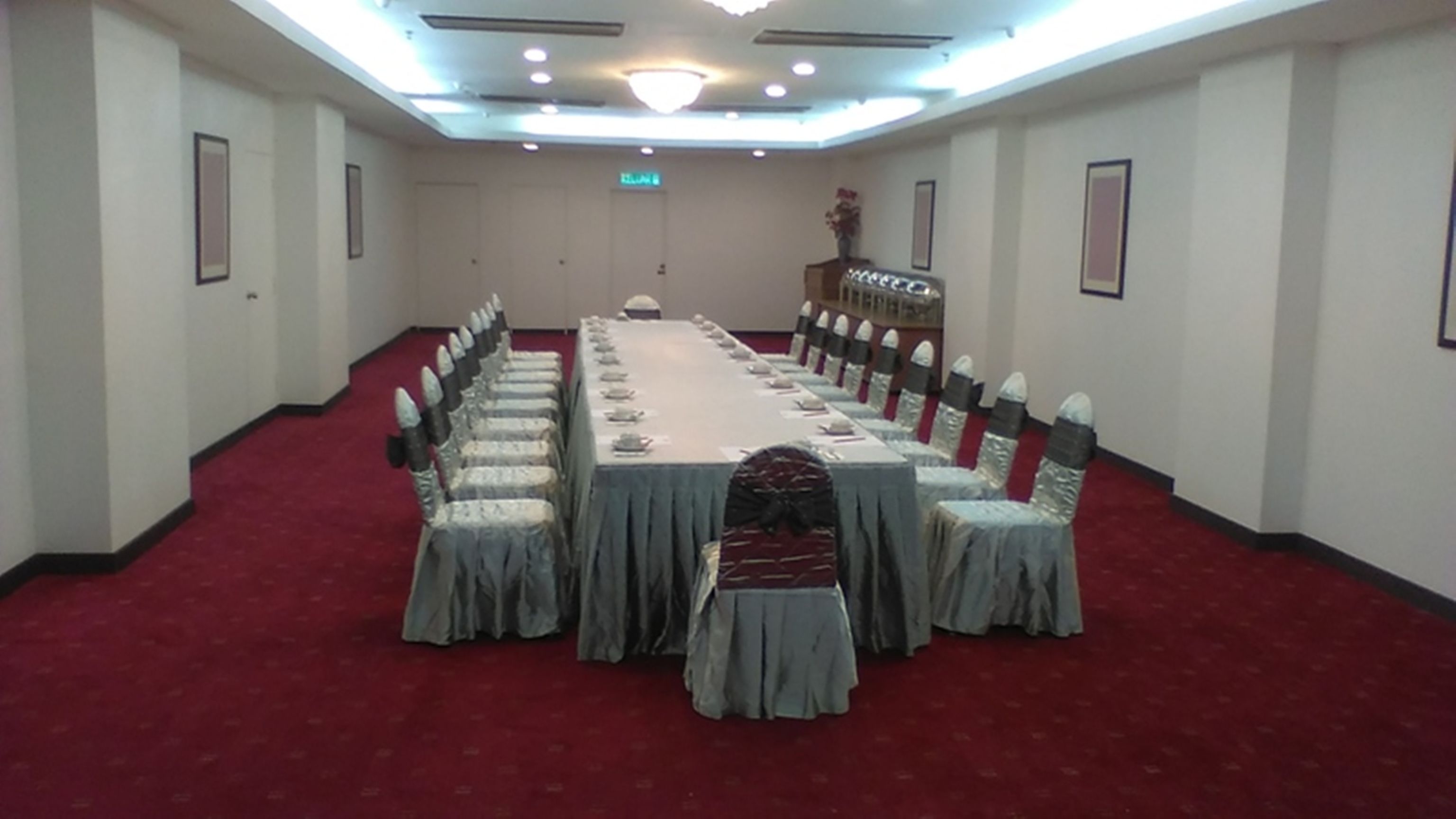 A conference room with a long table, chairs, and a red carpet.