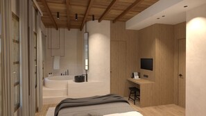 Honeymoon Suite Indoor Tub | Sengetøy av topp kvalitet, senger med overmadrass og safe på rommet