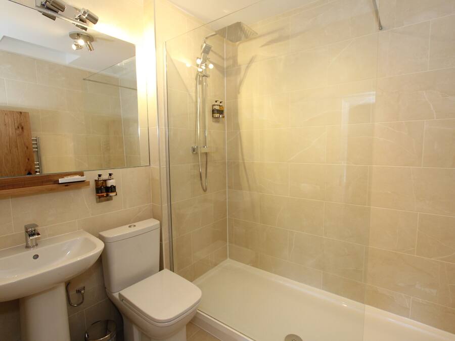 A modern bathroom with a glass-enclosed shower, a white sink, and a toilet.