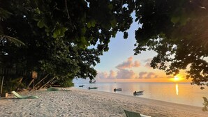 Una playa con una vista despejada del atardecer sobre el agua, rodeada de árboles.